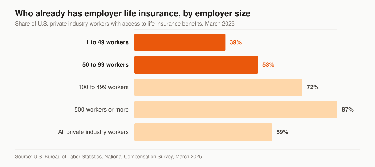 Horizontal bar chart of the share of U.S. private industry workers with access to employer life insurance benefits in March 2025: 39 percent at establishments with 1 to 49 workers, 53 percent at 50 to 99 workers, 72 percent at 100 to 499 workers, 87 percent at 500 or more workers, and 59 percent across all private industry workers.