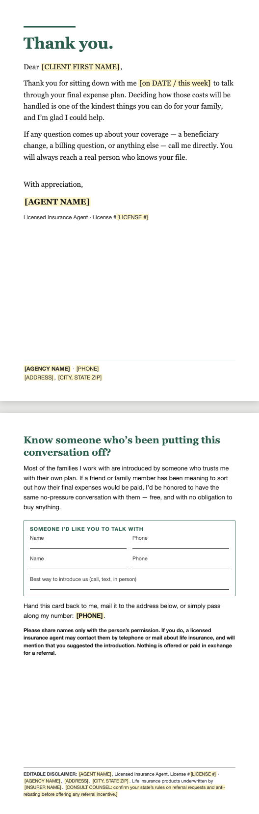 Final expense mailer template preview — client thank-you and referral request card