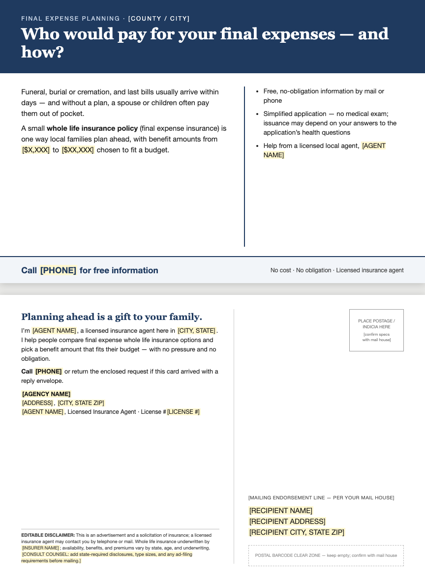 Final expense mailer template preview — 6 by 9 postcard front and back with call-in response