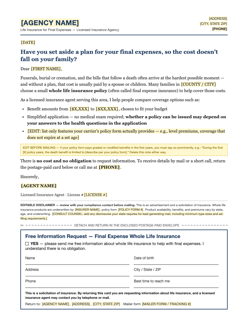 Final expense mailer template preview — 8.5 by 11 letter with tear-off postage-paid reply card