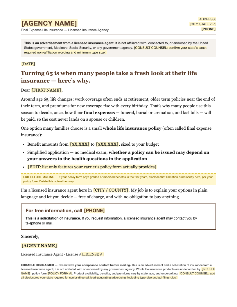Final expense mailer template preview — turning-65 senior letter with non-affiliation disclosure banner
